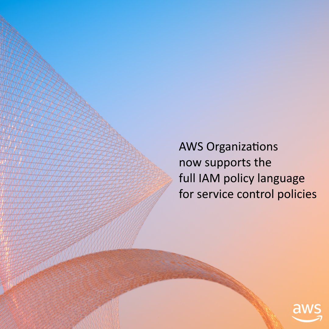 AWSIdentity's tweet image. 🆕 AWS Organizations now supports the full IAM policy language for service control policies.

👍 👉 go.aws/3K6WaVJ