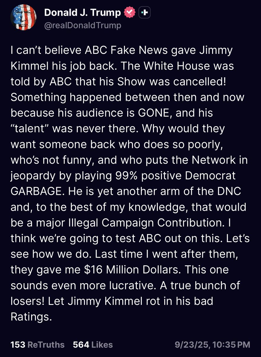 📉KOBEISSI: Trump annuncia la riproposizione di "Jimmy Kimmel Live!" da parte di Disney