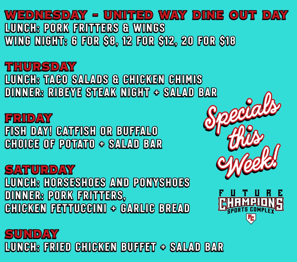 We’re kicking off this week’s specials with an exciting Prairieland United Way Dine Out Day at Future Champions! Join us for lunch or dinner tomorrow and throughout the rest of week … 🍗🐷🥗🌮🐠🥔🍝🐓 #FutureChampions #WeeklySpecials #UnitedWayDineOutDay #JacksonvilleIL