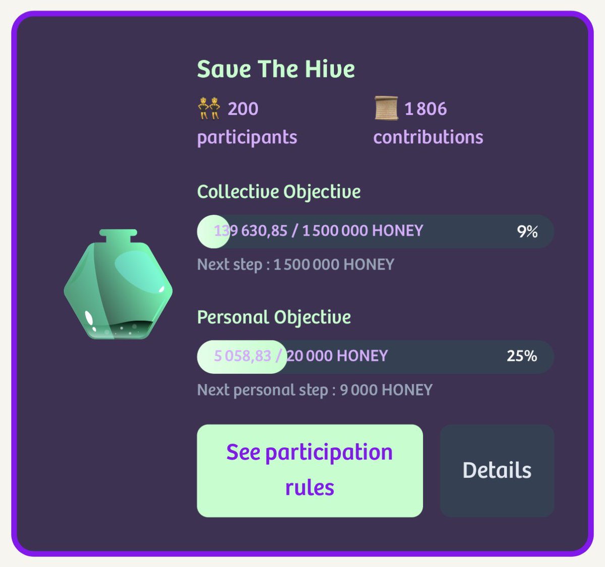 The_Life_Bomb's tweet image. 🐝 SAVE THE HIVE
Our very first collective challenge has begun!

⏳ 30 days to fill 1.5M cells and save the Hive from a nectar shortage.

🎁 REWARD
⚡ New feature unlocked 
→  Max endurance rises to 3

👟 ENDURANCE BOOST = LESS TIME PER ENERGY = SAME REWARD

With The Life Bomb,…
