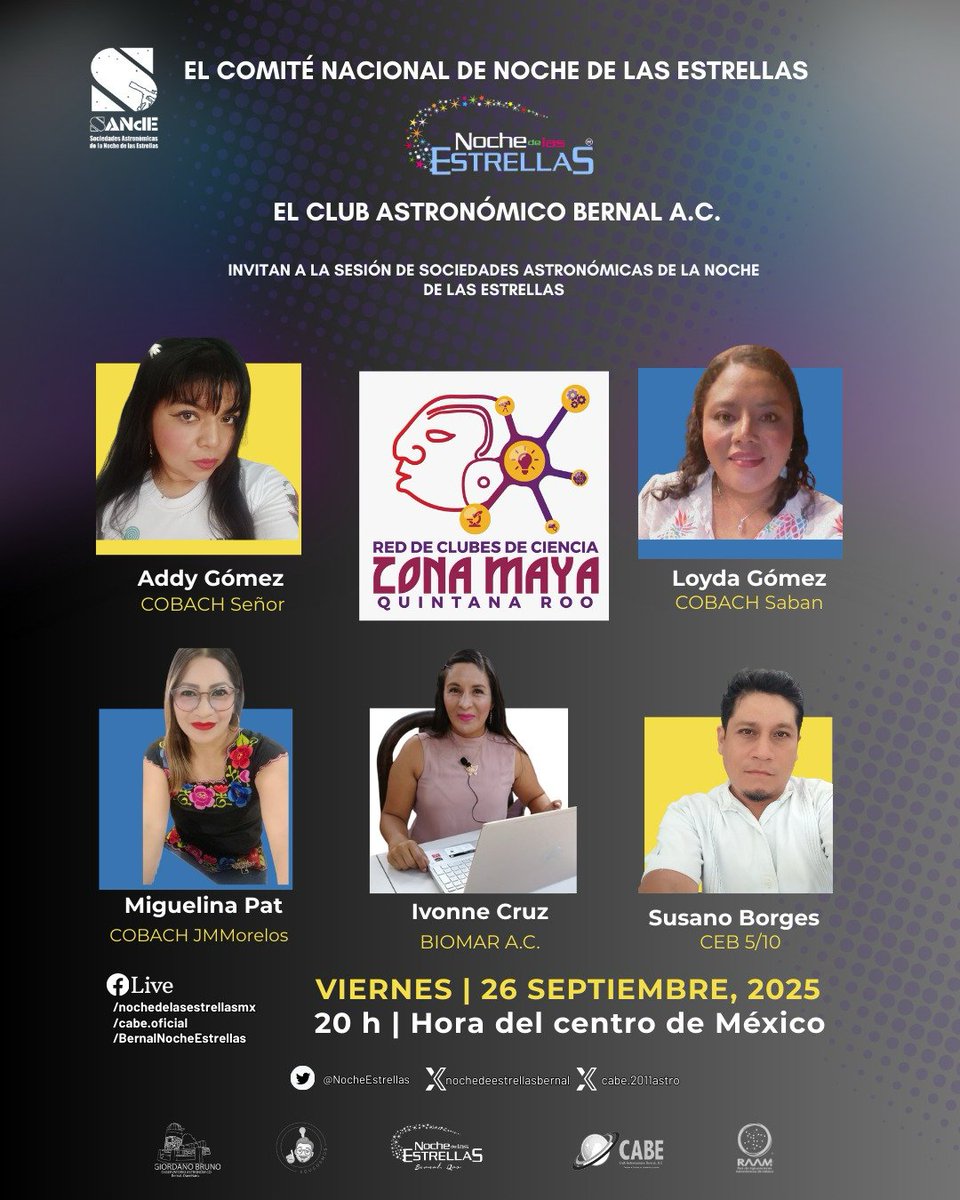 En la sesión del mes de septiembre, en colaboración con el Club Astronómico Bernal, tendremos a ¡la Red de Clubes de Ciencia de Quintana Roo! Viernes 26 de septiembre, 20:00h, por FBLive! No se lo pierdan!  #IQY2025 #Tenochtitlan700 #NancyRoman100 #HAWC10 #NdE2025