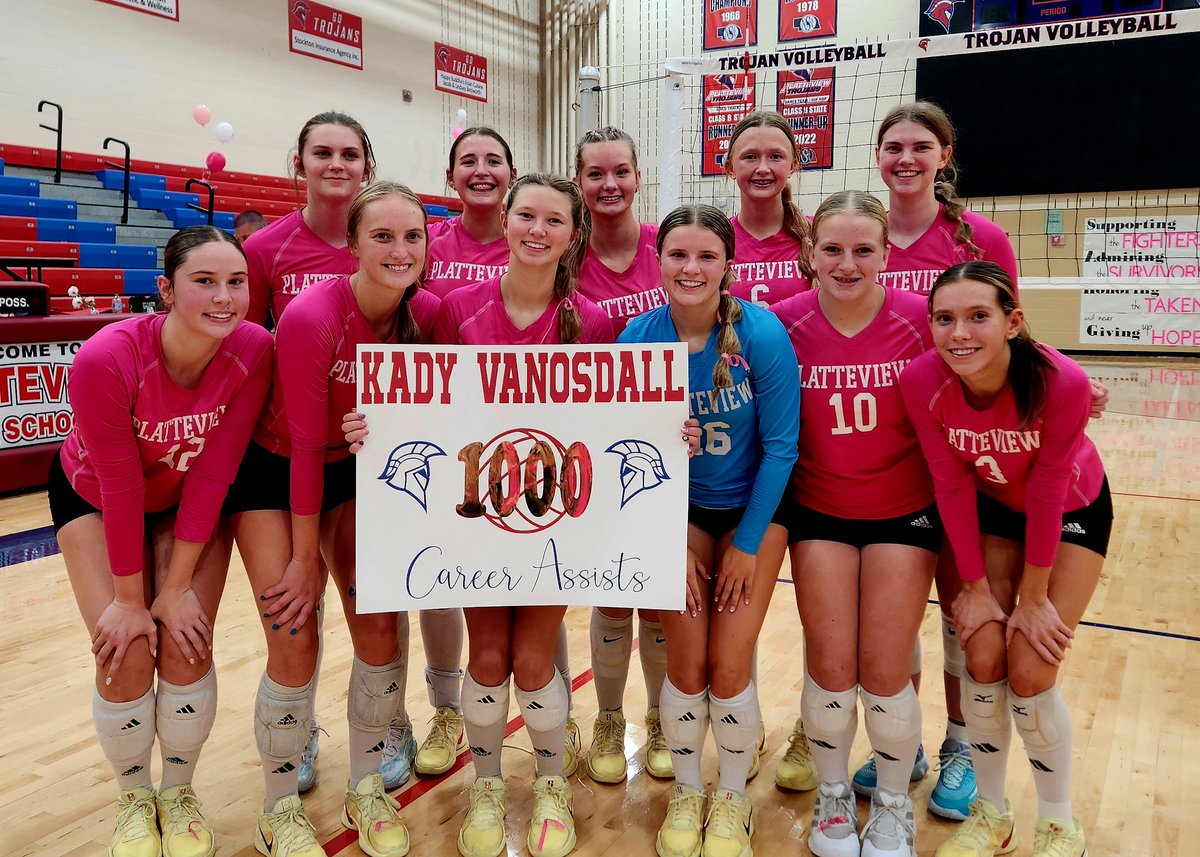 PlatteviewVB's tweet photo. Congrats to sophomore @KadyVanosdall3 for setting her 1000th career assist tonight!!
#ALLIN
@Trojans_of_PHS https://t.co/JEisAIAawi
