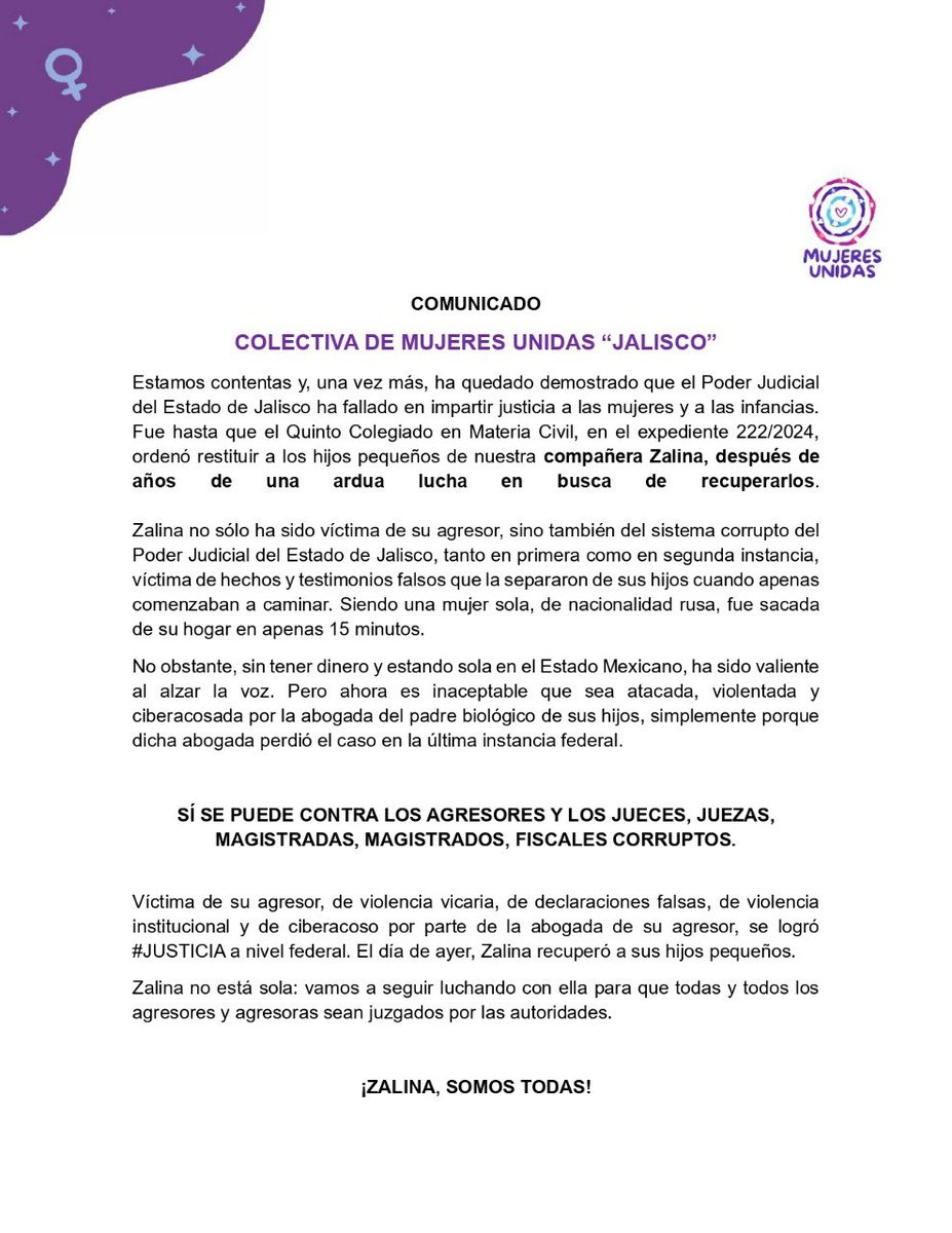 JaliscoUni25734's tweet photo. Regresan a los brazos de su Mami, los hijos de Zalina 💜💜💜 #Justicia para #Zalina @Judicatura_JAL @supremotribjal @FiscaliaJal @Claudiashein @CitlaHM @ONUMujeresMX @ONU_es @CEDAW 
@CIDH @CorteIDH @RedCJMJalisco https://t.co/I1ixfGNsxi