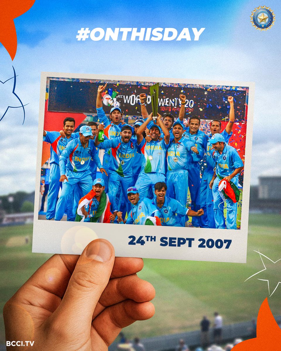 BCCI's tweet photo. #OnThisDay in 2007!

Led by @msdhoni, #TeamIndia created history by clinching the ICC World Twenty20 Trophy! 🏆 🙌 https://t.co/dVgRsG4T96