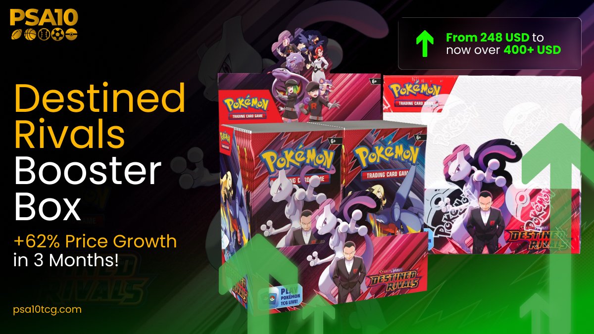 🚨 Market Watch: Destined Rivals 🚨
In just 3 months, booster boxes surged from $248 → $400+ USD (+62% 📈).

Scarcity + demand = momentum. And PSA10 is holding a few DR sealed in treasury 🔒

🔥 Shoutout to our AU team for today’s hype stream — massive pulls, heat sales, and