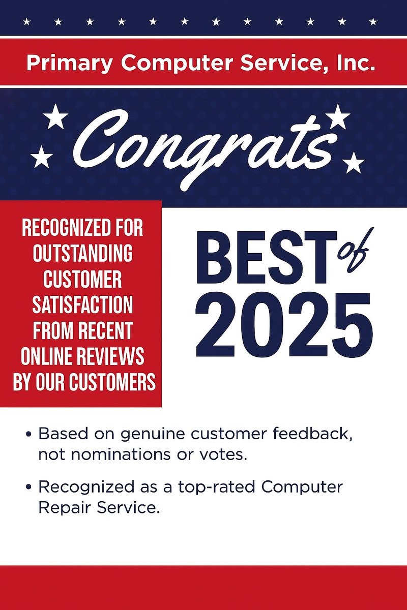 PrimaryComputer's tweet image. BizRate Best of 2025 Award - mailchi.mp/primarycompute… We are honored to be chosen by BusinessRate for the 2025 Best of Class in Computer Repair Service.  Thanks to all the customers who have made this possible.
