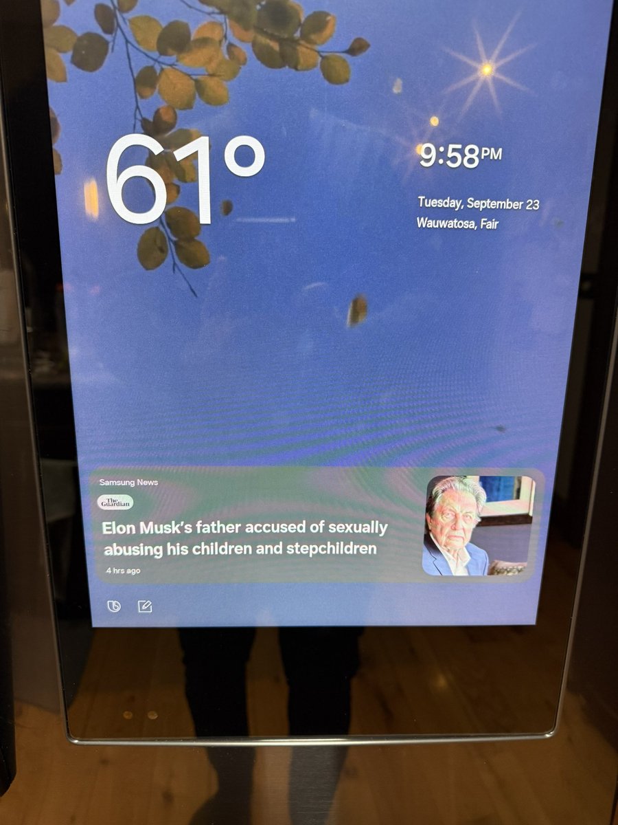 adamap's tweet photo. @SamsungUS why can’t I turn off the news feed on my refrigerator? Your latest update is showing the worst news possible to my family including children. FIX THIS NOW! https://t.co/UYe8mzOMo9
