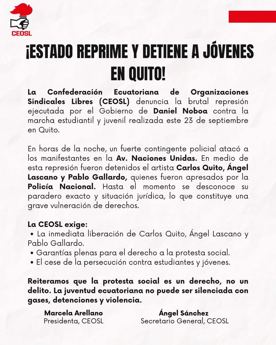 Denunciamos la violenta represión ejecutada por el Gobierno de Daniel Noboa contra la marcha estudiantil y juvenil del 23 de septiembre en Quito, evidenciando una grave vulneración al derecho a la protesta social.

Reiteramos que la protesta social es un derecho, no un delito. La