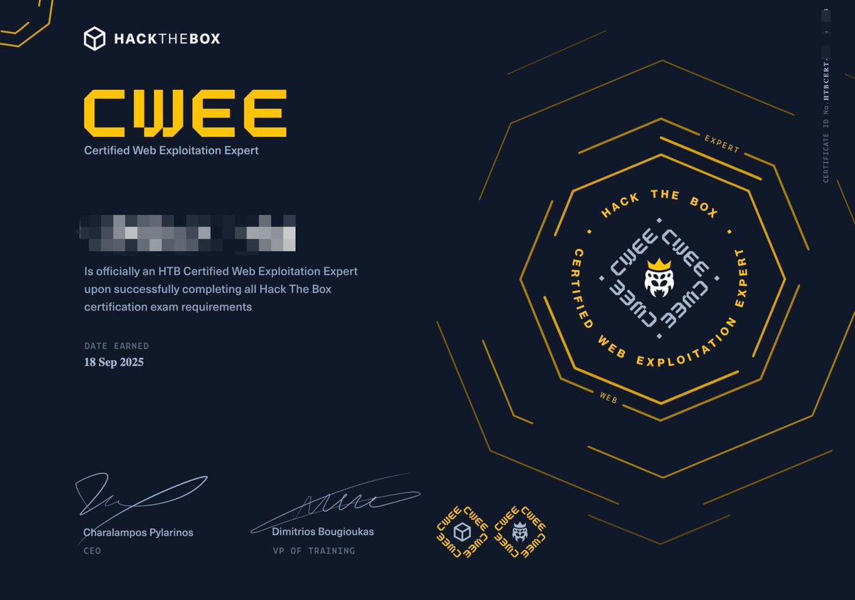 tx1ee's tweet image. The exam was remarkably engaging, and the certificate itself is so exquisitely designed that it shines like a legendary golden treasure. @hackthebox_eu 

#hackthebox #cwee #htb #HTBAcademy