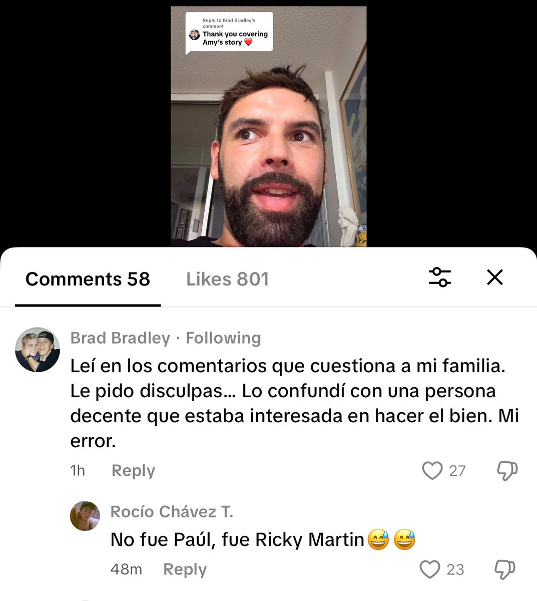 Cuando Brad Bradley te deja un comentario en Tiktok y después se arrepiente