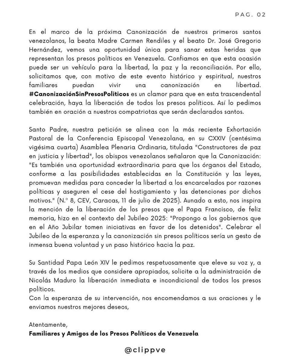 Familiares y amigos de presos políticos en #Venezuela piden al Papa León XIV interceder para que los presos políticos vivan la canonización de José Gregorio Hernández y Madre Carmen Rendiles en libertad.
#CanonizaciónSinPresosPolíticos