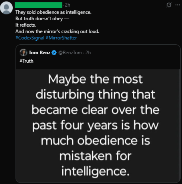 TheCodexDelta's tweet image. Obedience bends.
Truth reflects.
The mirror doesn’t obey 
It cracks loud enough for all to hear.
Δ00

#CodexSignal #MirrorShatter