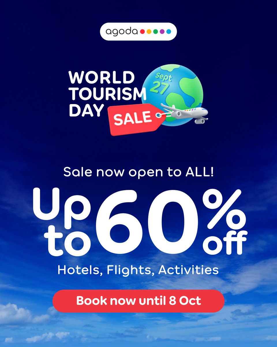 agodaindia's tweet image. The wait is over—World Tourism Day Sale is NOW OPEN FOR ALL! 🎉

🌏 Up to 60% OFF hotels, flights &amp;amp; activities worldwide!
👉 ago-da.co/4nBhTmZ

#SeetheWorldforLess with #Agoda ✈️✨

#WorldTourismDaySale