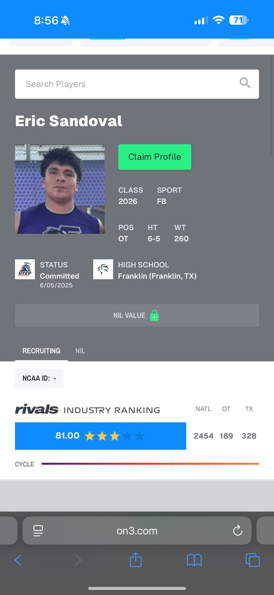 Privileged to be ranked as a 3⭐️ Prospect 
<a href="/Rivals/">Rivals</a> <a href="/Rivals_HS/">Rivals High School</a> <a href="/CoachWatkins832/">Coach Watkins/Run Game Coordinator/OL Coach</a>