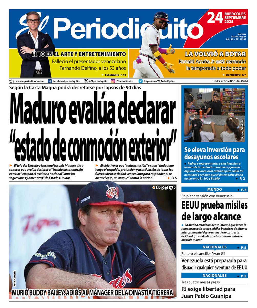 Elperiodiquito's tweet photo. “Maduro evalúa declarar “estado de conmoción exterior” es el #Titular principal de nuestra #EdiciónImpresaEP de este #Miércoles #24Septiembre También te presentamos la versión digital de nuestra #ÚltimaPáginaEP https://t.co/wB5lOur8o7