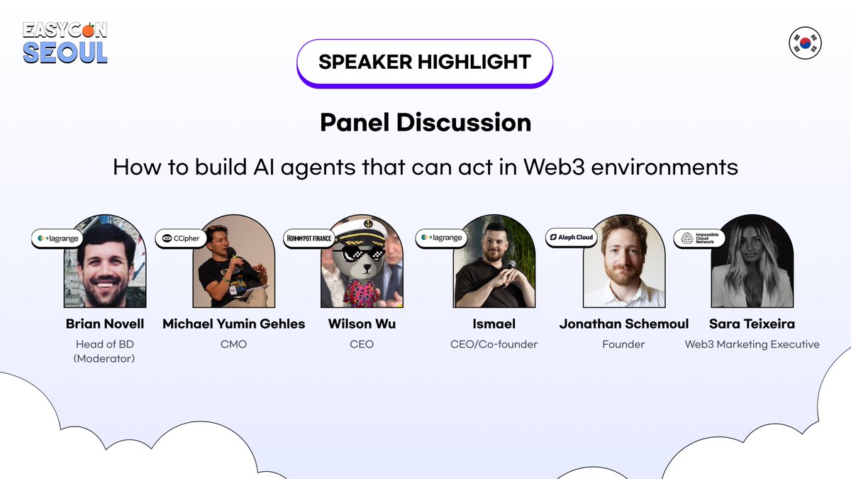 🕧 6:00 PM | Panel Discussion
<a href="/michaelyumingeh/">Michael Yumin Gehles</a>, CMO of <a href="/CosmicCipher_1/">𝐂𝐨𝐬𝐦𝐢𝐜 𝐂𝐢𝐩𝐡𝐞𝐫</a>
<a href="/0xWilsonWu/">0xWilson_wlfi 🦅</a>, CEO of <a href="/honeypotfinance/">Honeypot Finance</a>
<a href="/Ismael_H_R/">Ismael Hishon-Rezaizadeh ⭕</a>, CEO of <a href="/lagrangedev/">LAGRANGE</a>
<a href="/MosheMalawach/">Moshe Malawach</a>, Founder of <a href="/aleph_im/">Aleph Cloud</a>
<a href="/saraflteixeira/">Sara Teixeira</a>, Web3 Marketing Executive of <a href="/ICN_Protocol/">Impossible Cloud Network</a>
<a href="/BrianNovell/">Brian Novell</a>, Head of BD of <a href="/lagrangedev/">LAGRANGE</a>