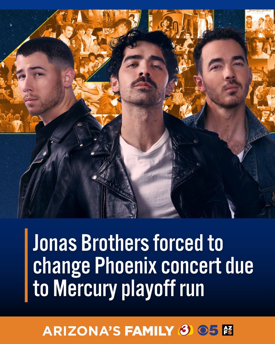 azfamily's tweet photo. The Jonas Brothers won't be playing at PHX Arena on Sunday as scheduled because of the Mercury playoff game. https://t.co/OZ0gKxRhuP https://t.co/ZCyanaNQ4k