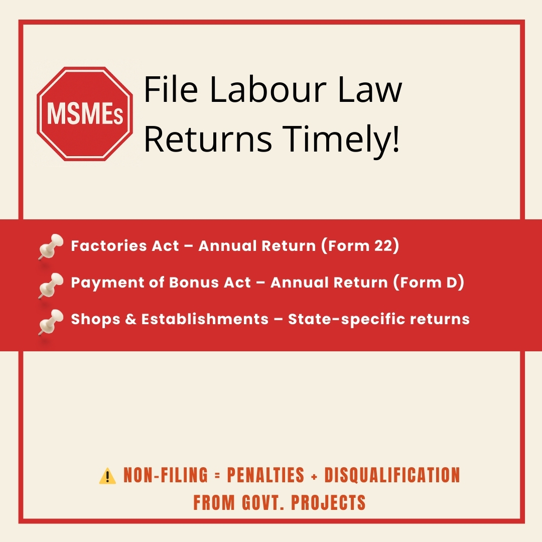 MSMEs: File Labour Law Returns Timely!
Every establishment must file annual returns under various labour laws:
✅ Factories Act (Annual Return Form 22)
✅ Payment of Bonus Act (Form D)
✅ Shops &amp; Establishments Returns (State-specific formats)
📌 Penalty: Non-filing attracts