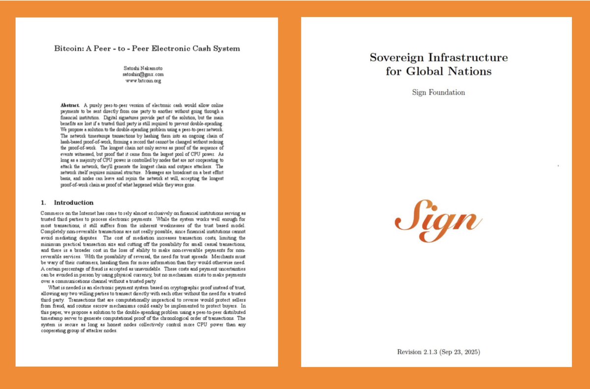 OrangeDynasty's tweet image. in 2008, we were introduced to Bitcoin's peer to peer electronic cash system

in 2025, we are introduced to Sign's Sovereign Infrastructure for Global Nations