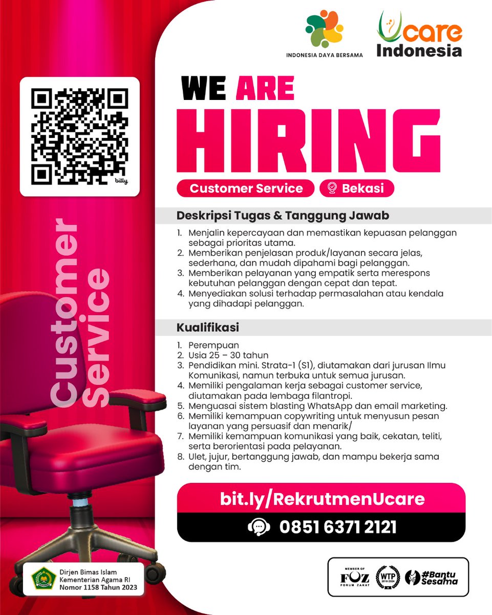 laz_ucare's tweet photo. 🚀 WE’RE HIRING! Ayo Bergabung Jadi Amil Zakat UCare Indonesia! 🚀

Sahabat UCare, inilah kesempatan emas untuk kamu yang ingin berkontribusi di dunia zakat, sosial, dan kemanusiaan. Kami membuka lowongan fulltime di berbagai posisi strategis, dan kamu bisa jadi salah satunya! https://t.co/AxlnKHcLaG
