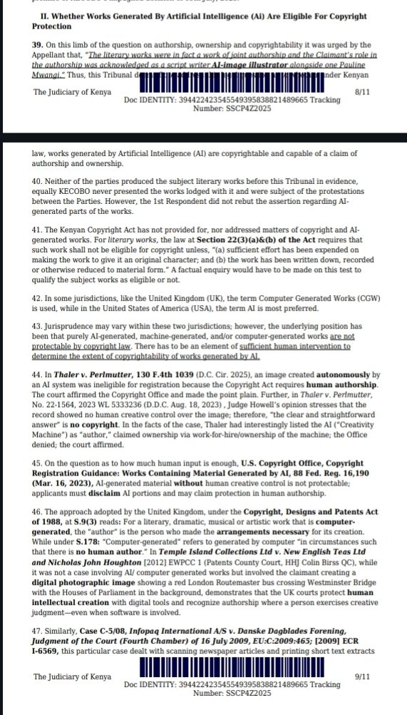OdiraTeddy's tweet photo. Last year, I asked questions about copyright and AI. This year, the Kenya Copyright Tribunal stated that AI alone can’t own copyright. Only works with sufficient human input will get protection under Kenyan law. https://t.co/SjZ7oRvYQ0