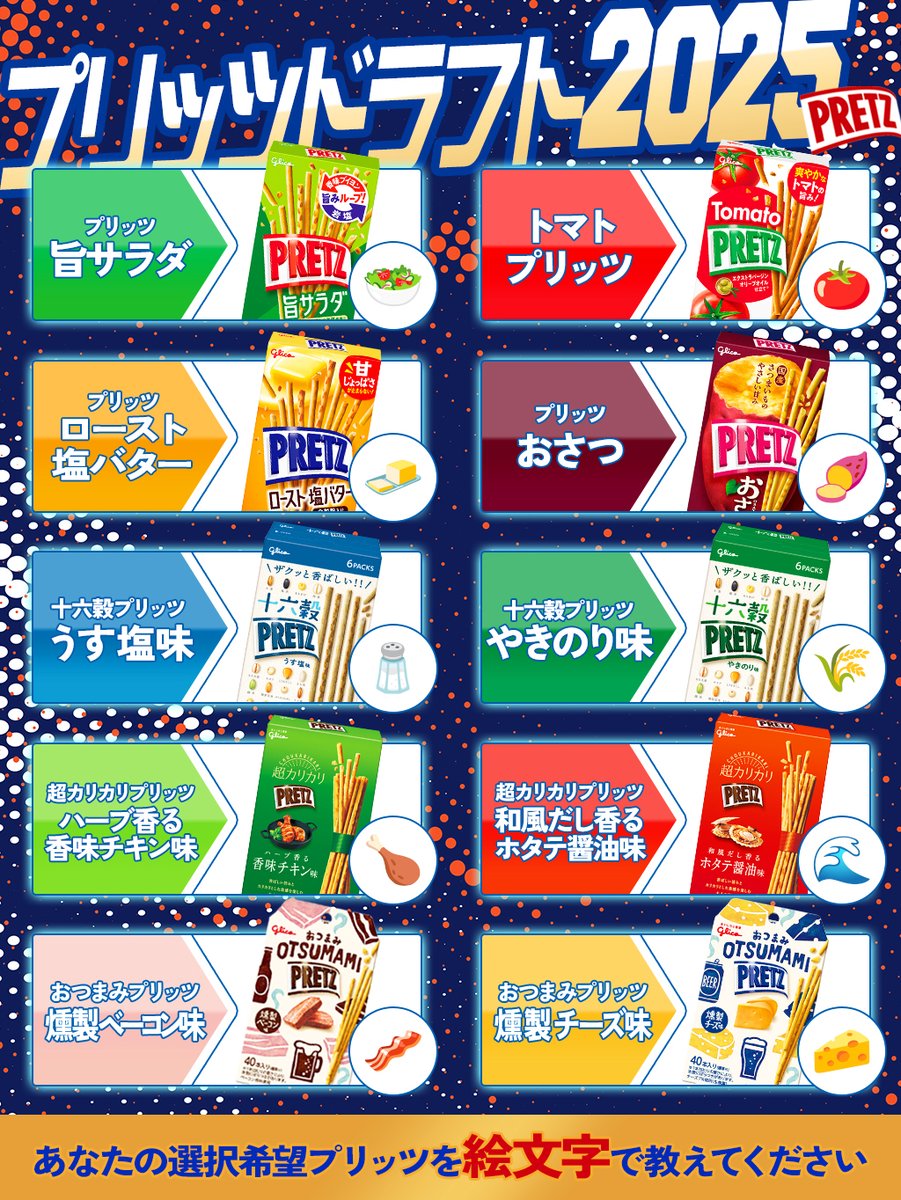 あなたが“今、食べたい”
#プリッツ の第一巡選択希望は…⁉️👀

🥗旨サラダ
🍅トマト
🧈ロースト 塩バター
🍠おさつ
🧂うす塩味
🌾やきのり味
🍗香味チキン味
🌊ホタテ醤油味
🥓燻製ベーコン味
🧀燻製チーズ味

絵文字で教えてください‼️📣✨