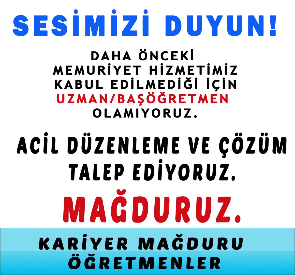 Sayın Bakanım <a href="/Yusuf__Tekin/">Yusuf Tekin</a>,Yıllarca verdiğimiz devlet hizmetimiz yok sayılıyor.
Kariyer sisteminde  adalet istiyoruz. Geçmiş emeklerimiz uzmanlık ve başöğretmenlikte hesaba katılsın.
#kariyermagdurlari
<a href="/leventkuruoglu/">Levent Kuruoğlu</a>
<a href="/_aliyalcin_/">Ali YALÇIN</a> 
<a href="/HurEgitimSen/">Hürriyetçi Eğitim Sen Genel Merkezi</a>
<a href="/tcbestepe/">T.C. Cumhurbaşkanlığı</a>
<a href="/MemurSenKonf/">Memur-Sen</a>