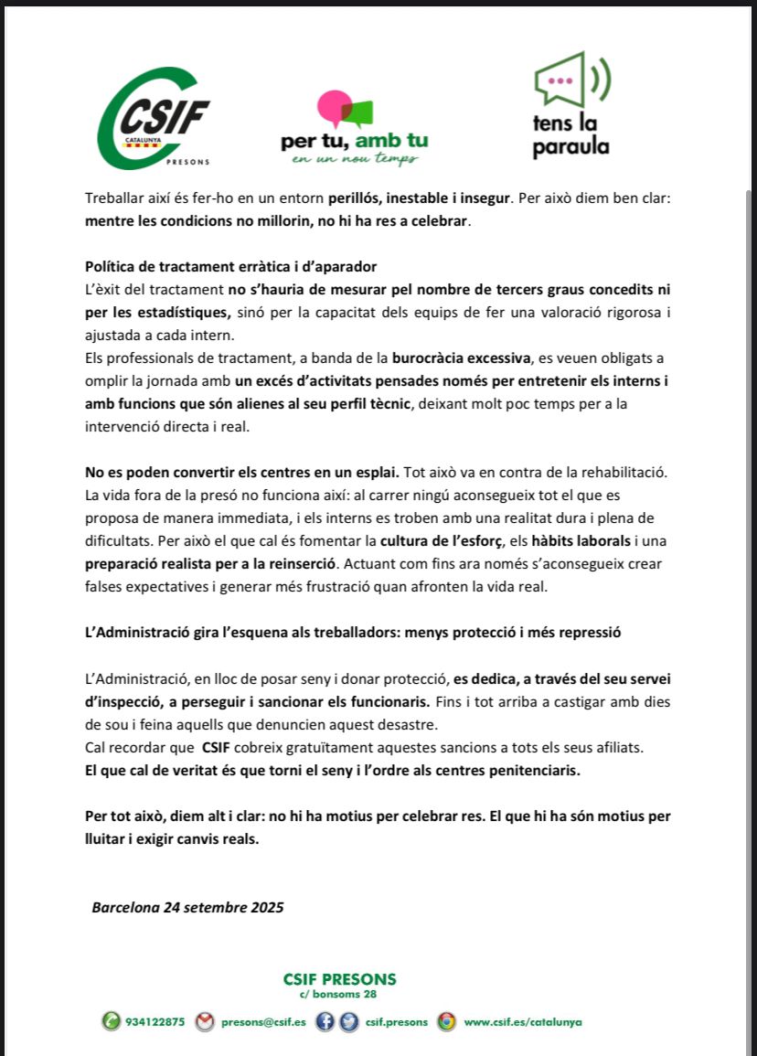 presonscsif (@presonscsif) on Twitter photo CSIF PRESONS avui no participarà en cap acte institucional amb motiu de la festivitat de nostra patrona. No tenim motius per ser optimistes veient el tarannà i la deriva
<a href="/csifautonomic/">Csif Autonomic</a> <a href="/csifgirona/">CSIF GIRONA</a> <a href="/csiflleida/">CSIFLLEIDA</a> <a href="/CSIFTarragona1/">CSIF TARRAGONA</a> CSIF PRESONS avui no participarà en cap acte institucional amb motiu de la festivitat de nostra patrona. No tenim motius per ser optimistes veient el tarannà i la deriva
<a href="/csifautonomic/">Csif Autonomic</a> <a href="/csifgirona/">CSIF GIRONA</a> <a href="/csiflleida/">CSIFLLEIDA</a> <a href="/CSIFTarragona1/">CSIF TARRAGONA</a>
