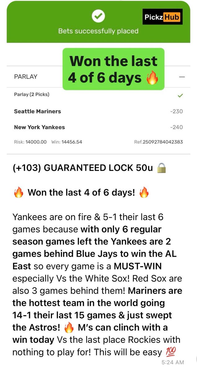 (+103) GUARANTEED LOCK 50u 🏆✅
MARINERS ✅
YANKEES ✅

I AM THE BEST HANDICAPPER ALIVE!!!!! 🐐

WON THE LAST 5 of 7 DAYS!!!! 🏆✅🔥

HOW CAN YOU SEE ME WINNING THIS BIG EVERYDAY AND NOT BE IN MY VIP YOU DUMBASS BITCH??!! IM REALLY HIM!!!!! 🐐