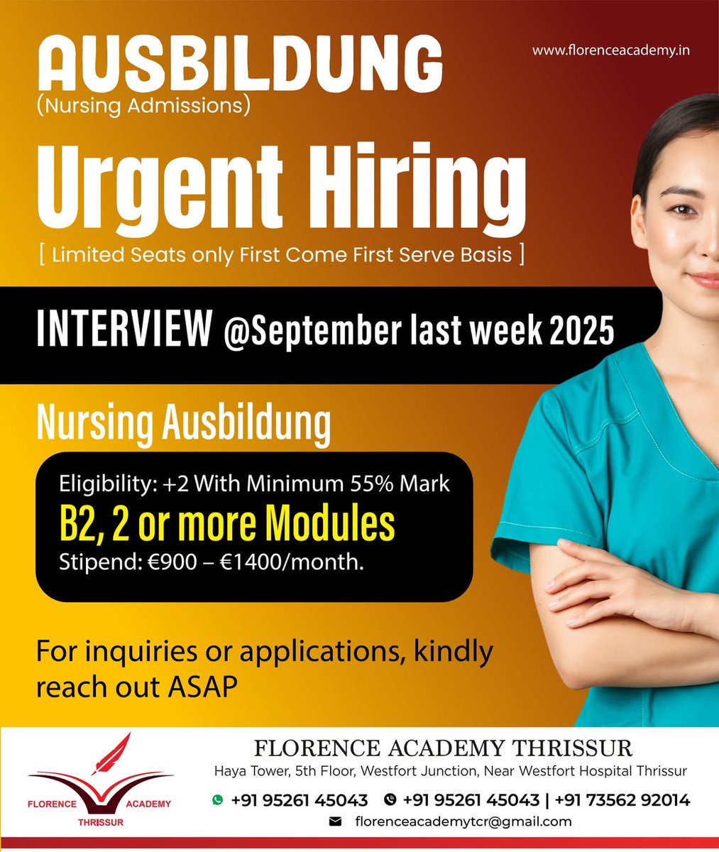 AcademyNursing's tweet image. ✈️ Work in Germany – July 2026 Intake! 🌍
Hospitality Sector Jobs: Cleaners, Kitchen Helpers, Housekeeping &amp;amp; Security Guards.
💶 Salary: €1500–€1800
📅 1-Year Renewable Contract

📍Florence Academy, Thrissur
📞+91 95261 45043 | +91 73562 92014

#FlorenceAcademy #WorkInGermany