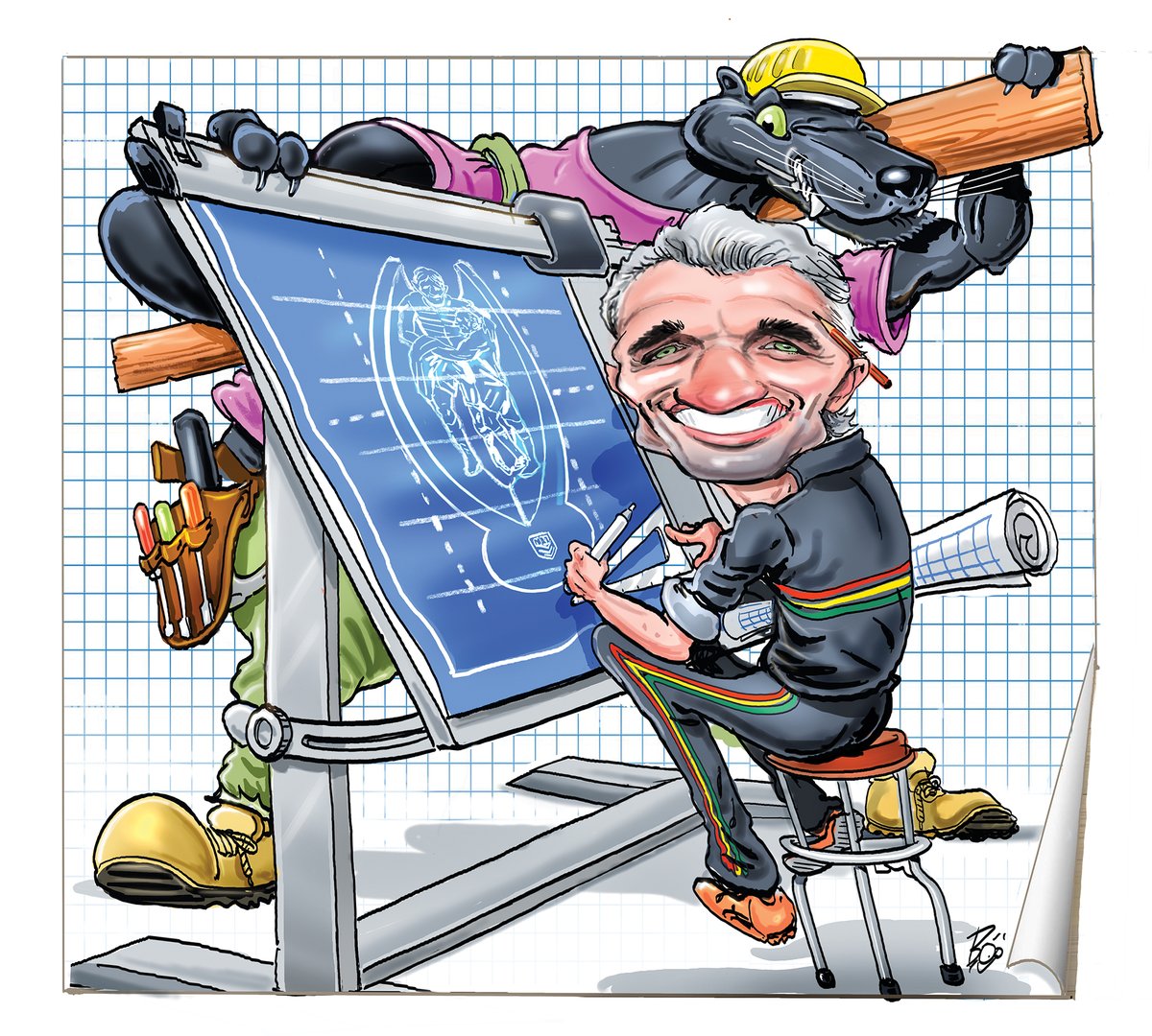 BooBaileyTele's tweet image. Blueprint to glory.  As Ivan Cleary's @PenrithPanthers have 'Project 5' on the drawing board, resident Tele architect @AdamMobbs, gets out the T-square and looks at what it takes to build a premiership club. My art for @telegraph_sport #NRLfinals #NRLBroncosPanthers #nrl