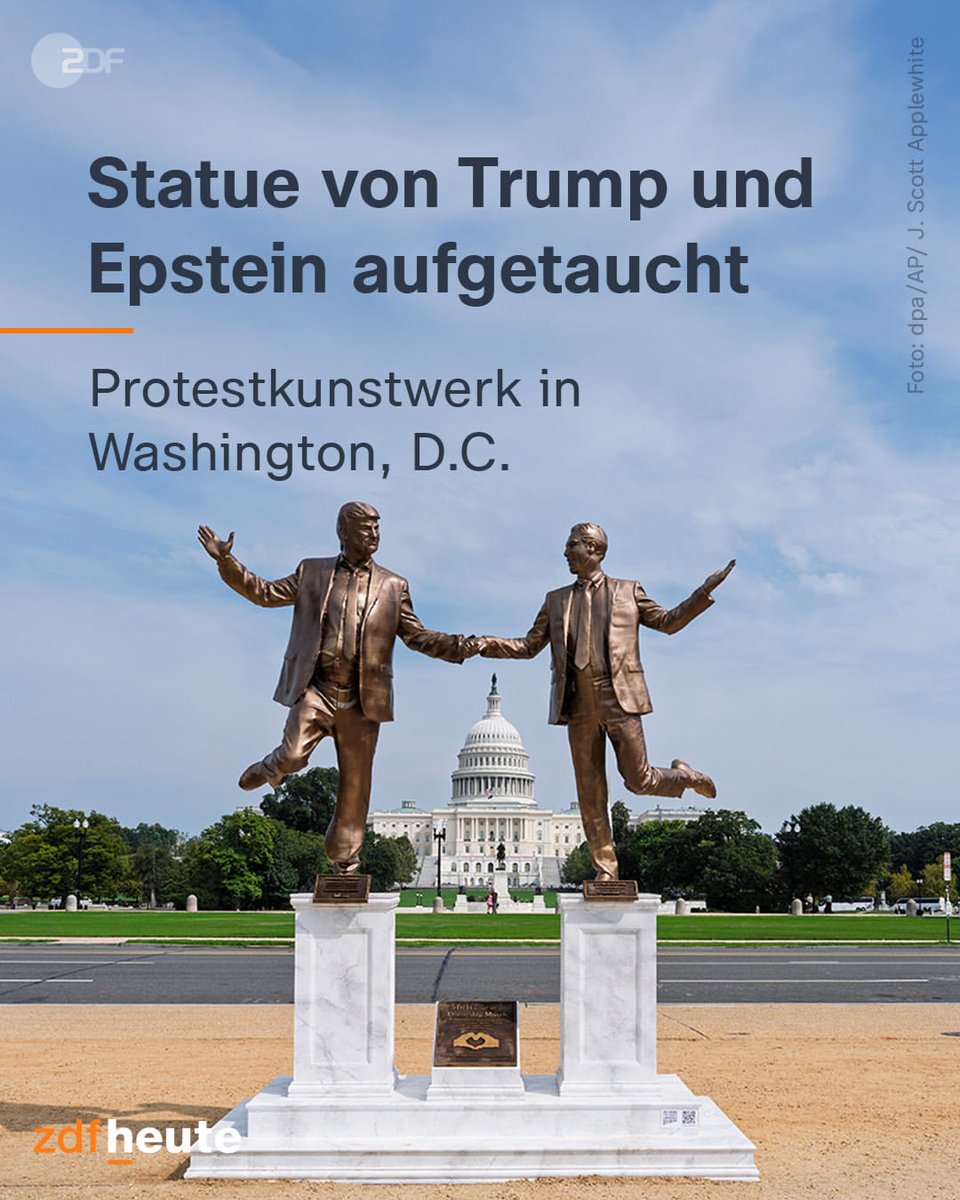 „Wir feiern die langjährige Verbundenheit zwischen Präsident Donald J. Trump und seinem ,engsten Freund' Jeffrey Epstein“ – diese Botschaft steht auf einem Schild, das am neusten Werk einer unbekannten Künstlergruppe in der US-Hauptstadt Washington, D.C. angebracht ist.
