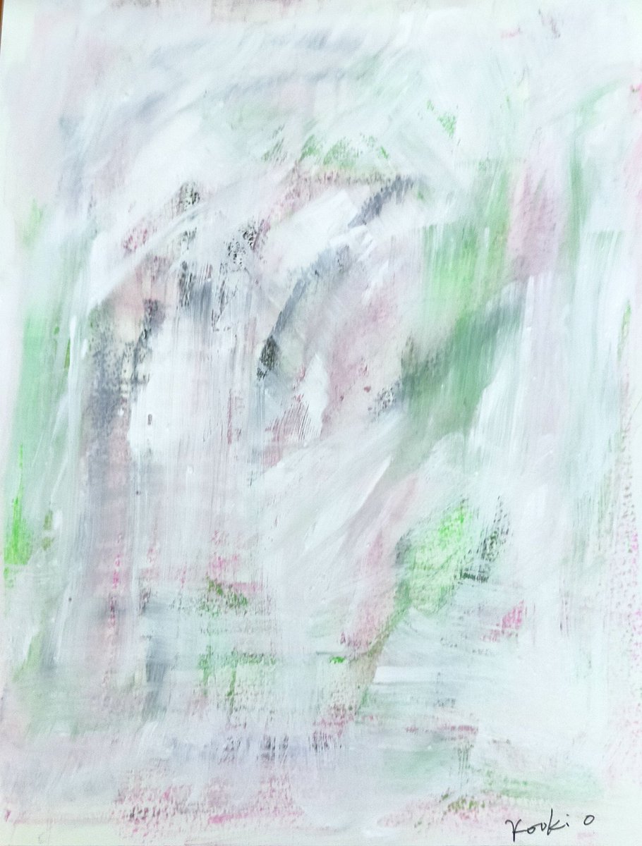 457作品目タイトル「優しい風」。
F3号洋紙使用。オリジナル絵画。

グリーンが強いですが実際は
薄ピンク色の作品です。

タイトルと異なり本日は激しい雨日
です！まだまだ降ってます。
足元ご注意ください☔
#抽象画　#画家　#心象絵　#水彩