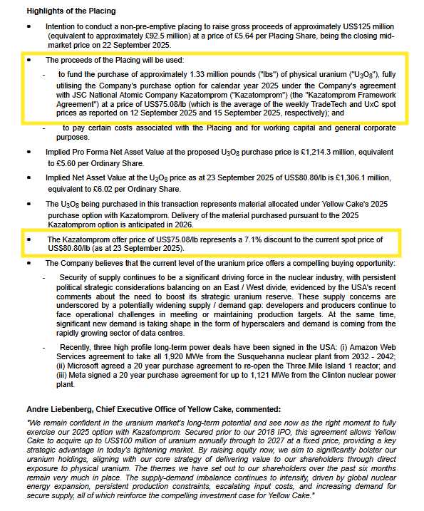 quakes99's tweet photo. Breaking!💥 As anticipated, #UK Physical #Uranium fund Yellow Cake plc $YCA in London🇬🇧 has initiated a raise of ~US$125M to purchase 1.33M lbs #U3O8 🇰🇿⚛️⛏️🛒exercising its 2025 purchase option with Kazatomprom $KAP at $75.08/lb, a 7.1% discount to Spot at $80.80🤠🐂 https://t.co/exAkEEDdpj