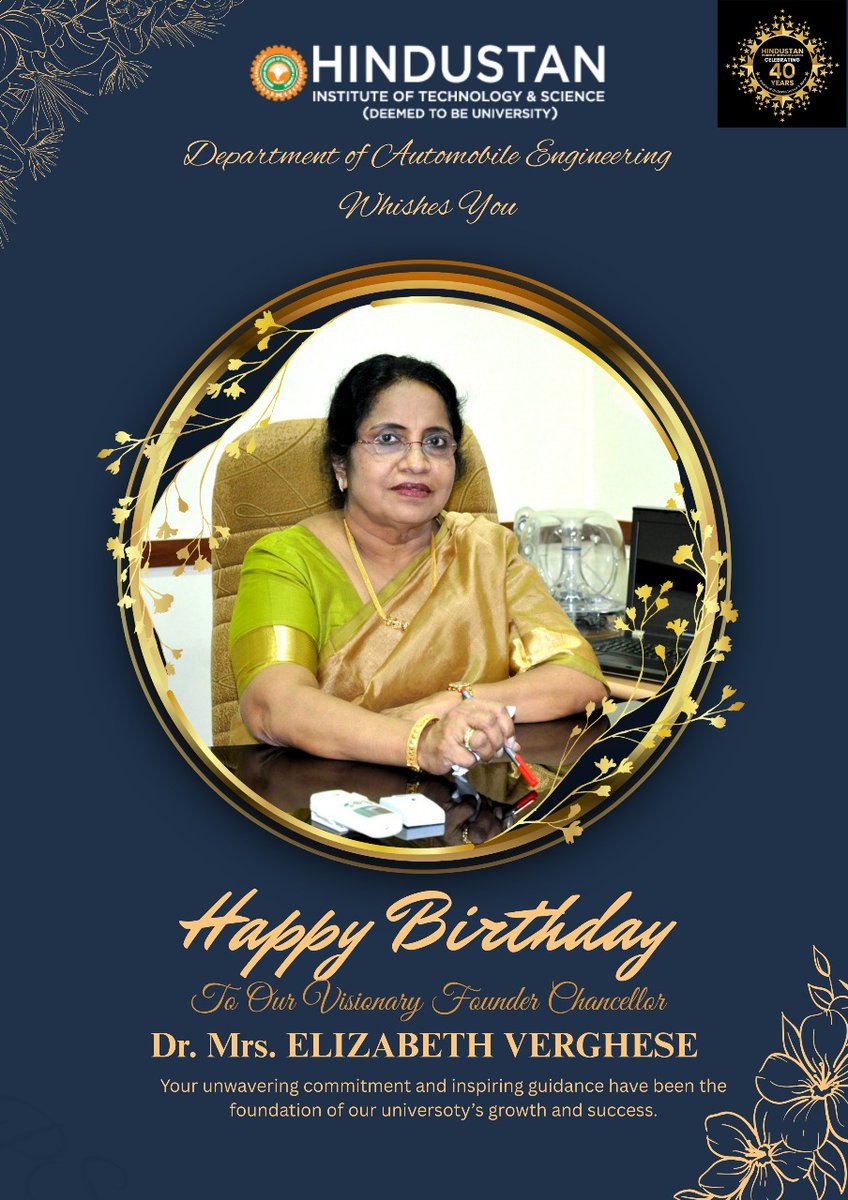 AutodeptHits's tweet image. The Department of Automobile Engineering extends heartfelt wishes to our Founder Chancellor, Dr. Mrs. Elizabeth Verghese, on her birthday. Your unwavering commitment, inspiring guidance, and visionary leadership have been the foundation of our university’s growth and success.