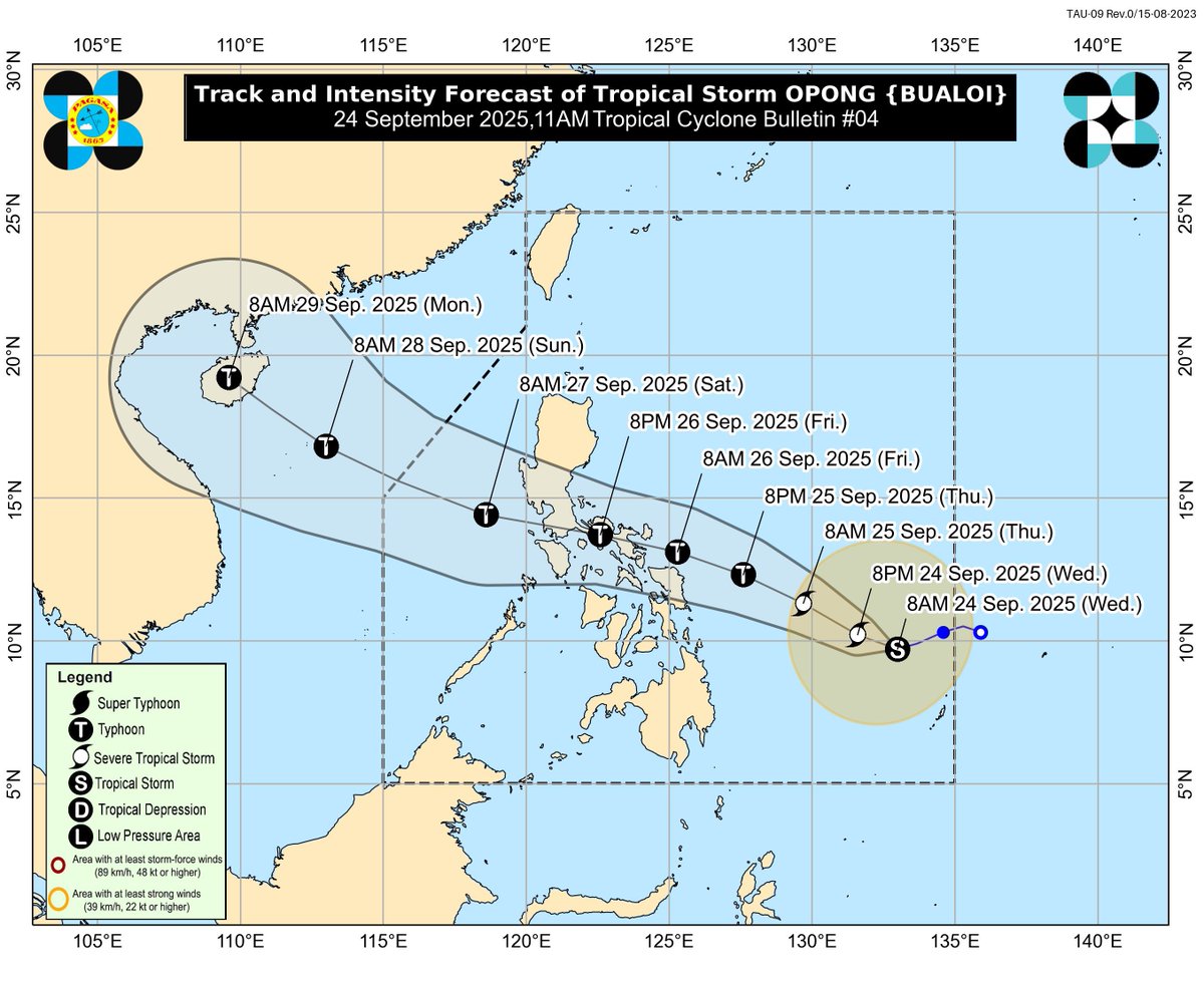 matteyowwwwww's tweet photo. For METRO MANILA. ⚠️

Wind Signal No. 4 could be the highest possible wind signal here as Tropical Storm #OpongPH (#Bualoi) is now expected to reach TYPHOON intensity by tomorrow evening, September 25.

Based on the 5-day Regional Weather Outlook from the NCR-PRSD, the region will experience stormy weather starting tomorrow, September 25, until Saturday, September 27.

Precautionary measures are advised! This might be one of the strongest storms to affect Metro Manila. 🙏

📷: DOST-PAGASA