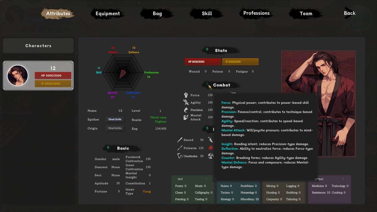 RafikiGameDev's tweet photo. New stat tooltips are in 🧠✨ Hover to see what each attribute does. More guidance coming soon!
#RPG #indiedev #indiegame #wuxia #solodev #gamedev #ゲーム制作 https://t.co/rDndJANJFL