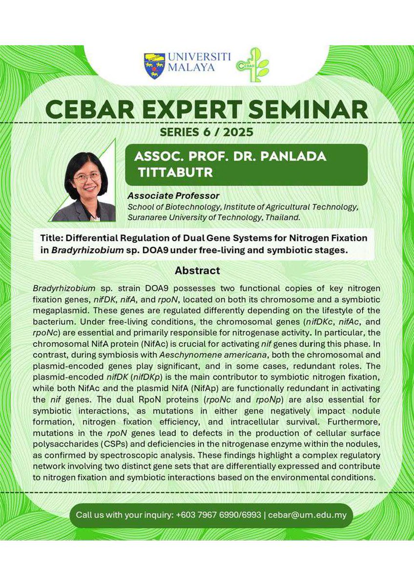 UM_CEBAR's tweet image. [Seminar] CEBAR Expert Seminar Series 6/2025
Date : 25th September 2025 (Thursday)  
Time : 11.00 am – 1.00 pm  
Venue: CEBAR Meeting Room, 
               Level 3, KPPI Building
Mode: Hybrid
Link: tinyurl.com/xxx

#plant #adaption #diazotrophy #research #seminar