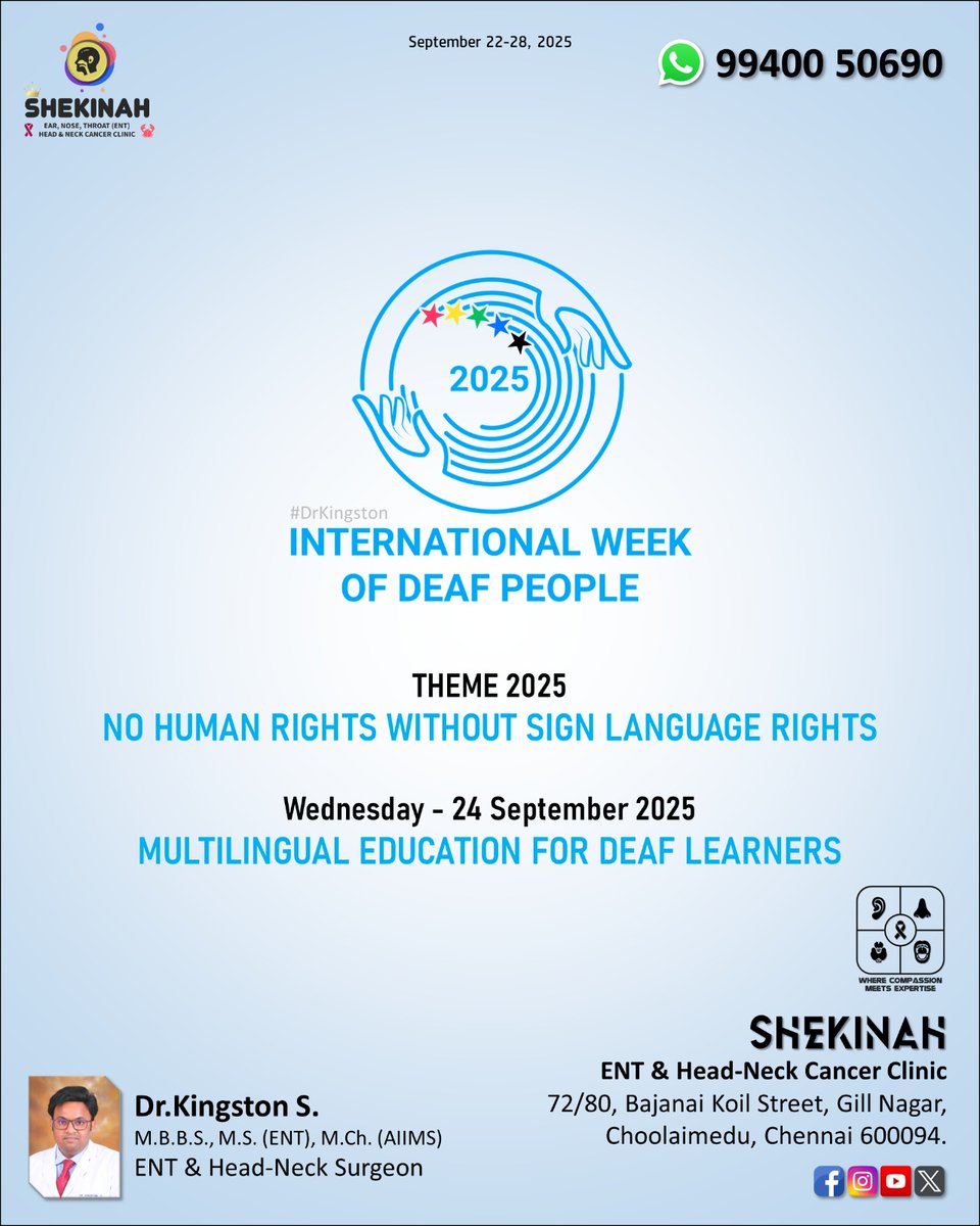 Shekinah_ENT's tweet image. International Week of Deaf People – Sep 22-28, '25

#InternationalDayOfSignLanguages
#InternationalWeekofDeafPeople
#InternationalWeekoftheDeaf

Dr.Kingston S.
ENT &amp;amp; Head-Neck Surgeon,
Kauvery Hospital, Alwarpet.

#KauveryHospitalChennai
#KauveryHospital
#HeadAndNeck
#CancerCare