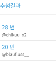 아이고.. 배송 다 보내고나니 체력 오링나서 뻗어있느라 발표가 너무 늦었네요 죄송합니다..( ᵕ‧̯ᵕ̥̥ )

<a href="/chikuu_x2/">치쿠 𖤐ˊ˗</a>
<a href="/blaufluss__/">청하</a> 

두 분 축하드립니다 조만간 디엠으로 연락드릴게요🤍