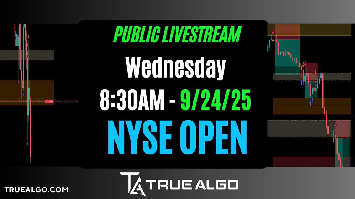 True_Algo's tweet image. 🚨 Free Community Live Stream – Tomorrow! 🚨
Come trade the NYSE Open LIVE with us using the True Algo Edge.
🕣 Wednesday @ 8:30am ET
We’ll set our ideas in pre-market, then walk through live candles together — showing you exactly how to trade volatility with stats, structure,…