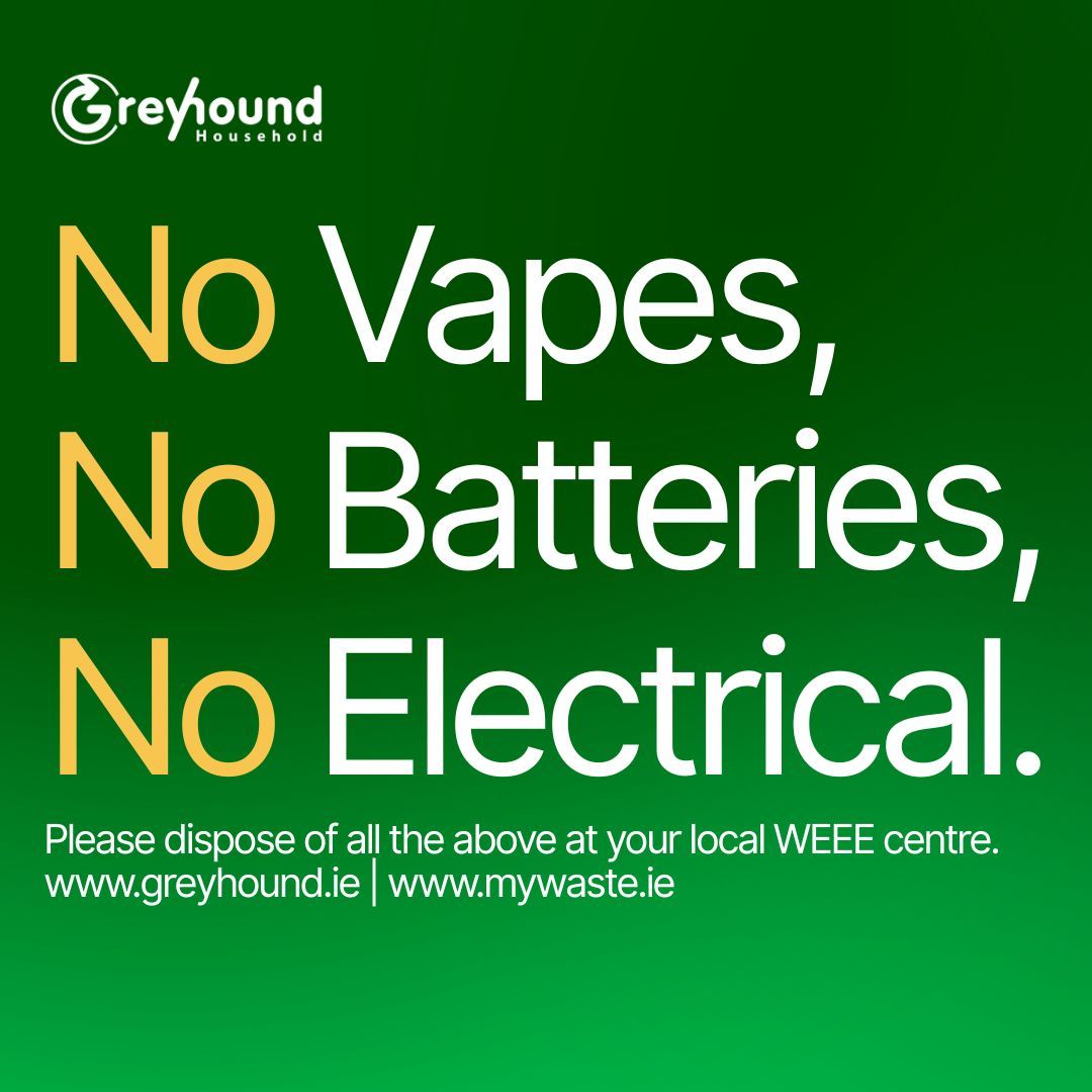 Did you know? Batteries &amp; vapes in household bins can cause truck &amp; recycling facility fires.

Protect staff, your community &amp; the environment.

Drop them off free at your local WEEE collection point.

#GreyhoundRecycling #RecycleRight