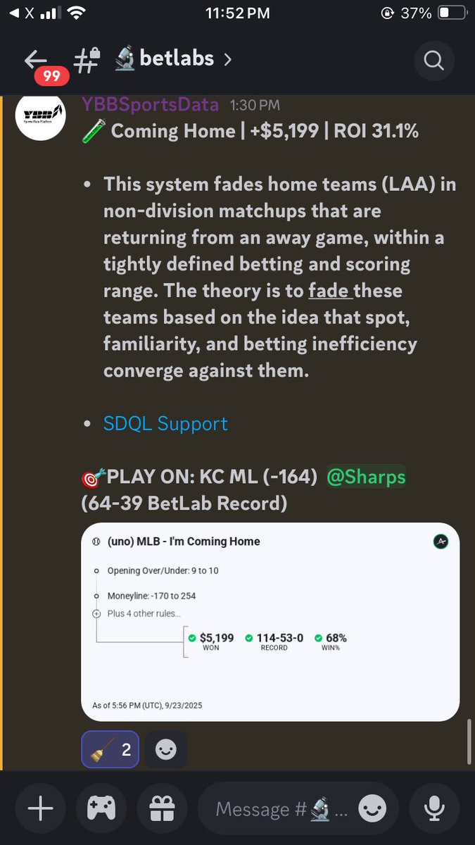 Stay sharp fellas 🔪 

MLB SDQL sheets move to 103-83 YTD 🧹 
BLab Systems move to 65-39 YTD

Get in the mix ⬇️
whop.com/ybbsportsdata