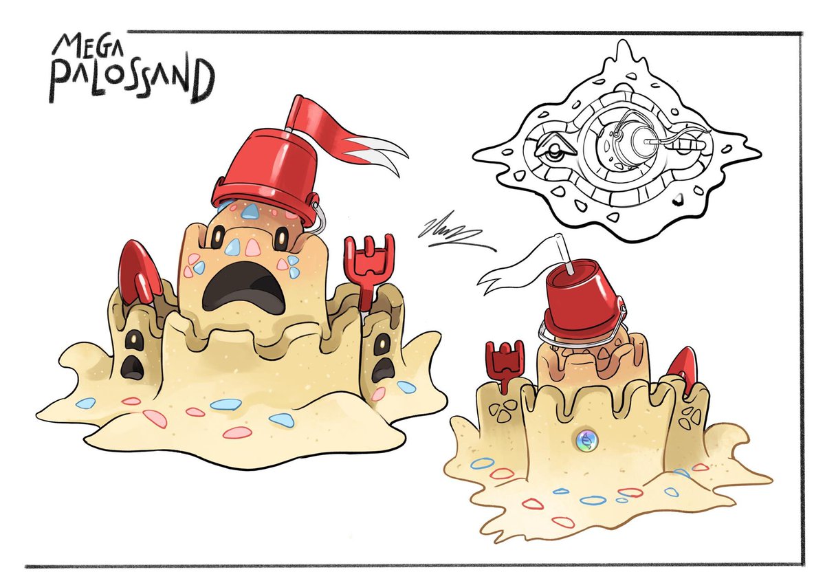 blawn_z's tweet image. [FANART]
mega palossand
i design this base on a clams raking set for kid; to form to a hangry kid with "knife" and "fork", also a soldier with bucket helmet and weapons. 
its spiritual power so strong that emits all over its body.
#Palossand #Megaevolution #pokemonlegendsZA