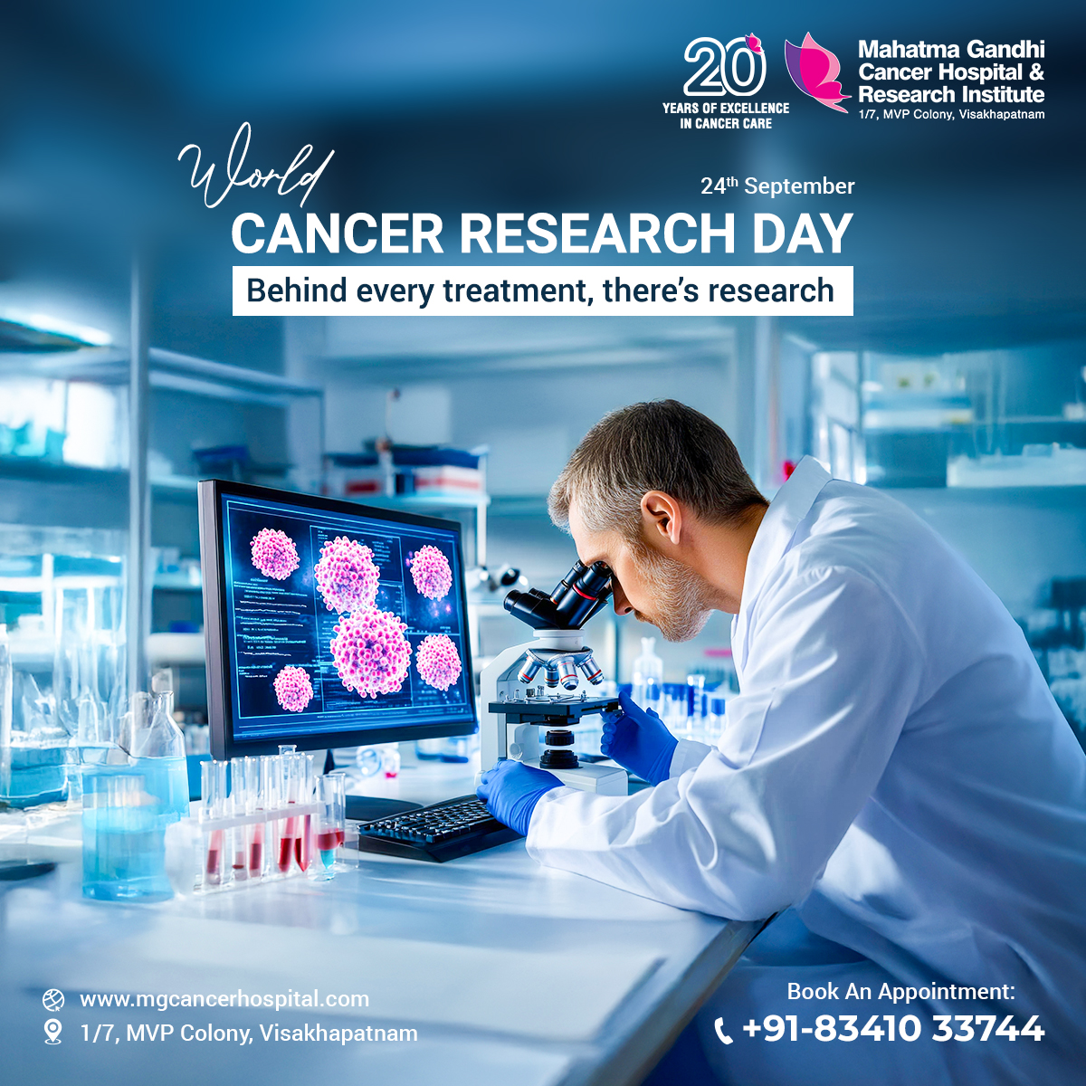 MG_Cancer's tweet photo. 🔬 On World Cancer Research Day, we honor the science that saves lives. At Mahatma Gandhi Cancer Hospital & Research Institute, Visakhapatnam, every breakthrough in cancer care begins with dedicated research.
.
.
.
#WorldCancerResearchDay #CancerResearch #BehindEveryTreatment #CancerAwareness #ResearchSavesLives #MGCHRI #CancerCare #Vizag #20YearsOfExcellence #OncologyResearch