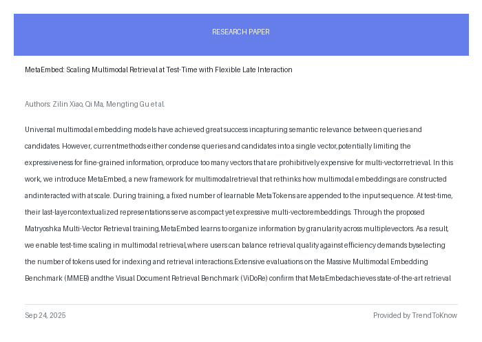 aitrendings's tweet image. MetaEmbed: Scaling Multimodal Retrieval at Test-Time with Flexible Late Interaction
👥 Zilin Xiao, Qi Ma, Mengting Gu et al.
#AIResearch #MultimodalLearning #DeepLearning #RetrievalSystems #MetaEmbedding
🔗 trendtoknow.ai