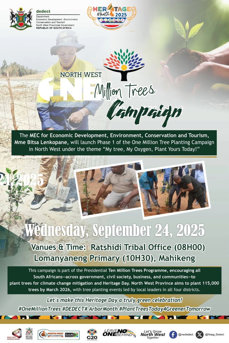 NWPG_Dedect's tweet photo. 🌳 MEC Lenkopane kicks off the One Million Trees Campaign in NW! Under the theme “My tree, My Oxygen, Plant Yours Today!” 🌱

Join SA’s 10M Trees drive for climate action &amp; Heritage Day - plant yours today! 🇿🇦

#ClimateAction #HeritageDay #OneMillionTrees https://t.co/lDcdpD4Srv