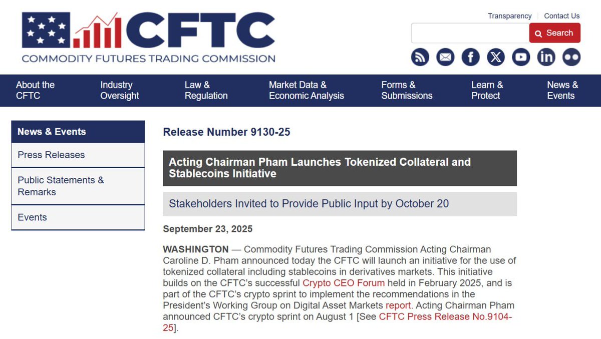 🥔CRIPTOVALUTE : La CFTC promuove l'uso delle stablecoin come garanzia nei mercati dei derivati