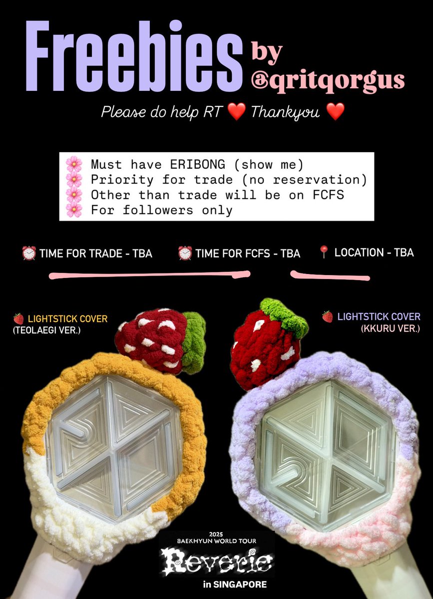 baekyberry's tweet image. ✨FREEBIES✨
for REVERIE in SINGAPORE — #REVERIESingapore

Help RT thankyou❤️

🌸 Must have ERIBONG (show me)
🌸 For followers only
🌸 TRADE: open only on dday with own time slot - no reservation 
🌸 FCFS (for other than trade) will be after trade

#REVERIEinSG #BAEKHYUNinSG…