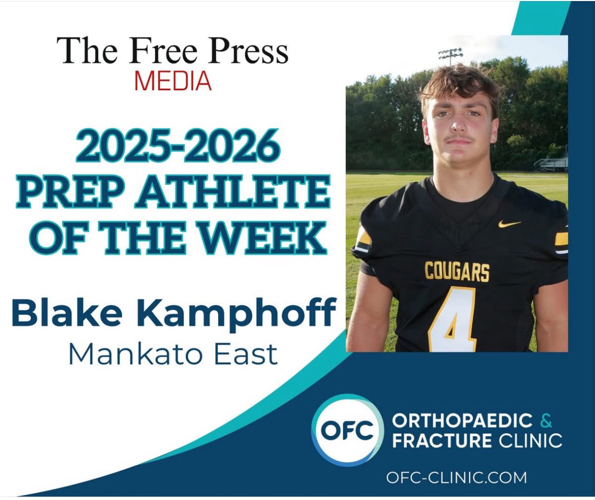 Congrats to <a href="/BlakeKamphoff/">Blake Kamphoff</a> for the OFC recognition of Prep Athlete of the Week. 

Let’s <a href="/KatoEastFB/">Mankato East FB</a>!